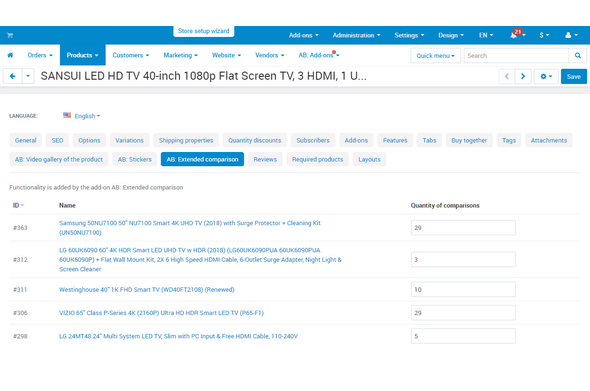 Manual set of quantity for products comparison