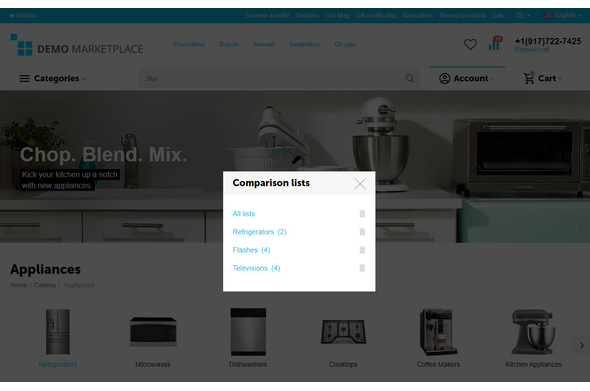 Comparison lists divided by product categories