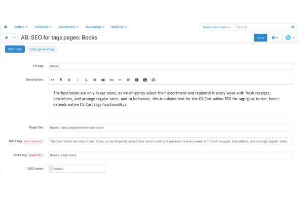 CS-Cart seo for tags pages addon - seo attributes management