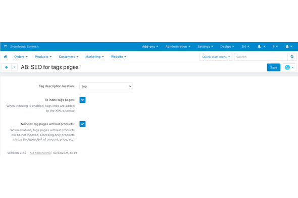 CS-Cart seo for tags pages addon - settings